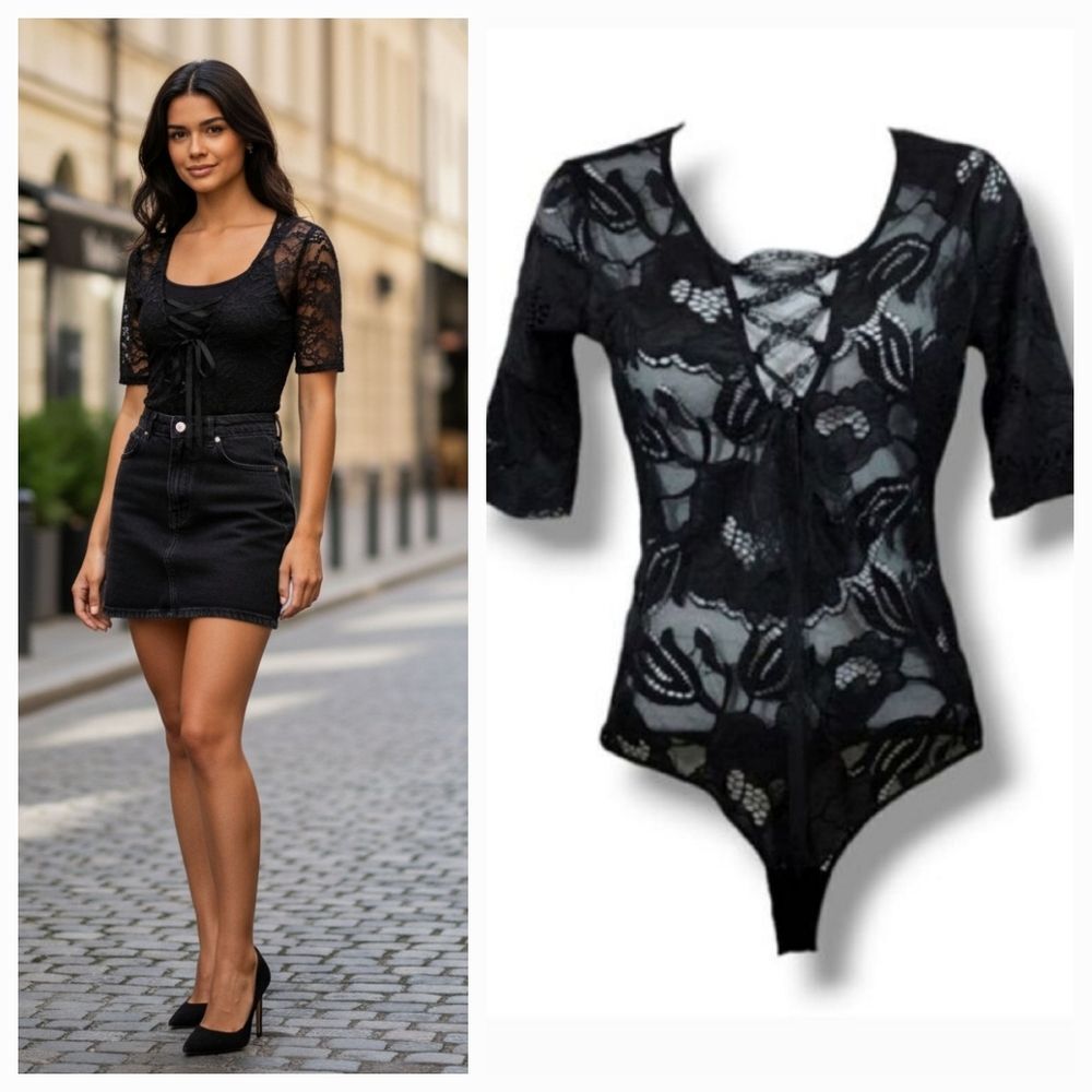 Vintage Y2K Guess Lace Up Corset Sheer Black Lace Bodysuit Top Size Small